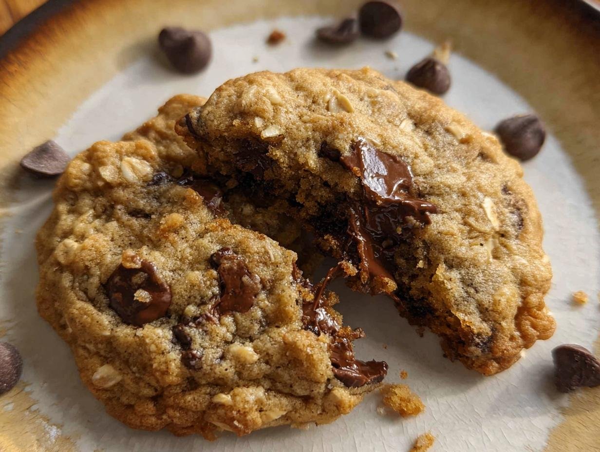 Close-up of a broken Oatmeal Chocolate Chip Cookies Soft Center revealing a gooey, melted chocolate interior.
