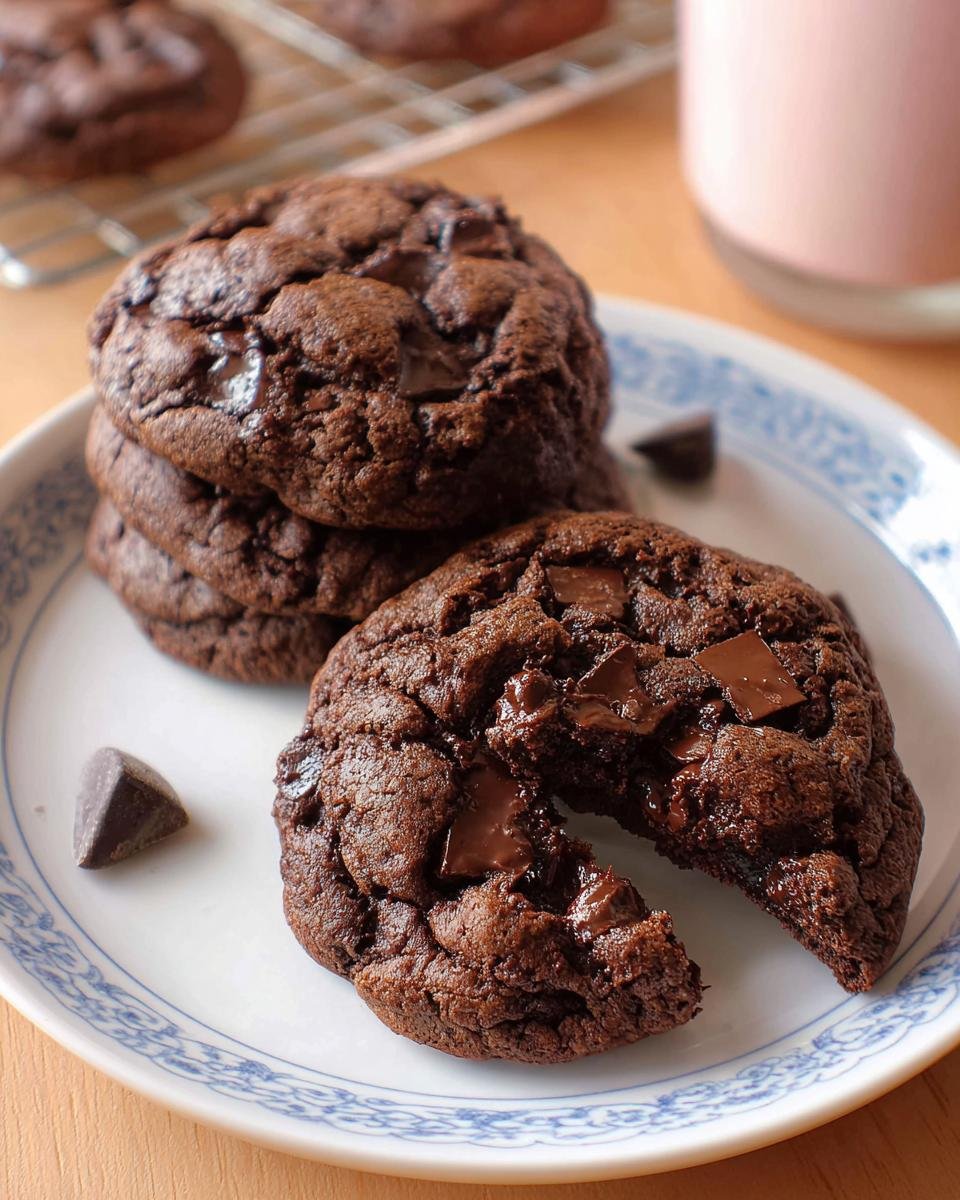 A plate featuring several Soft and Chewy Double Chocolate Chip Cookies, one broken open to show melted chocolate.