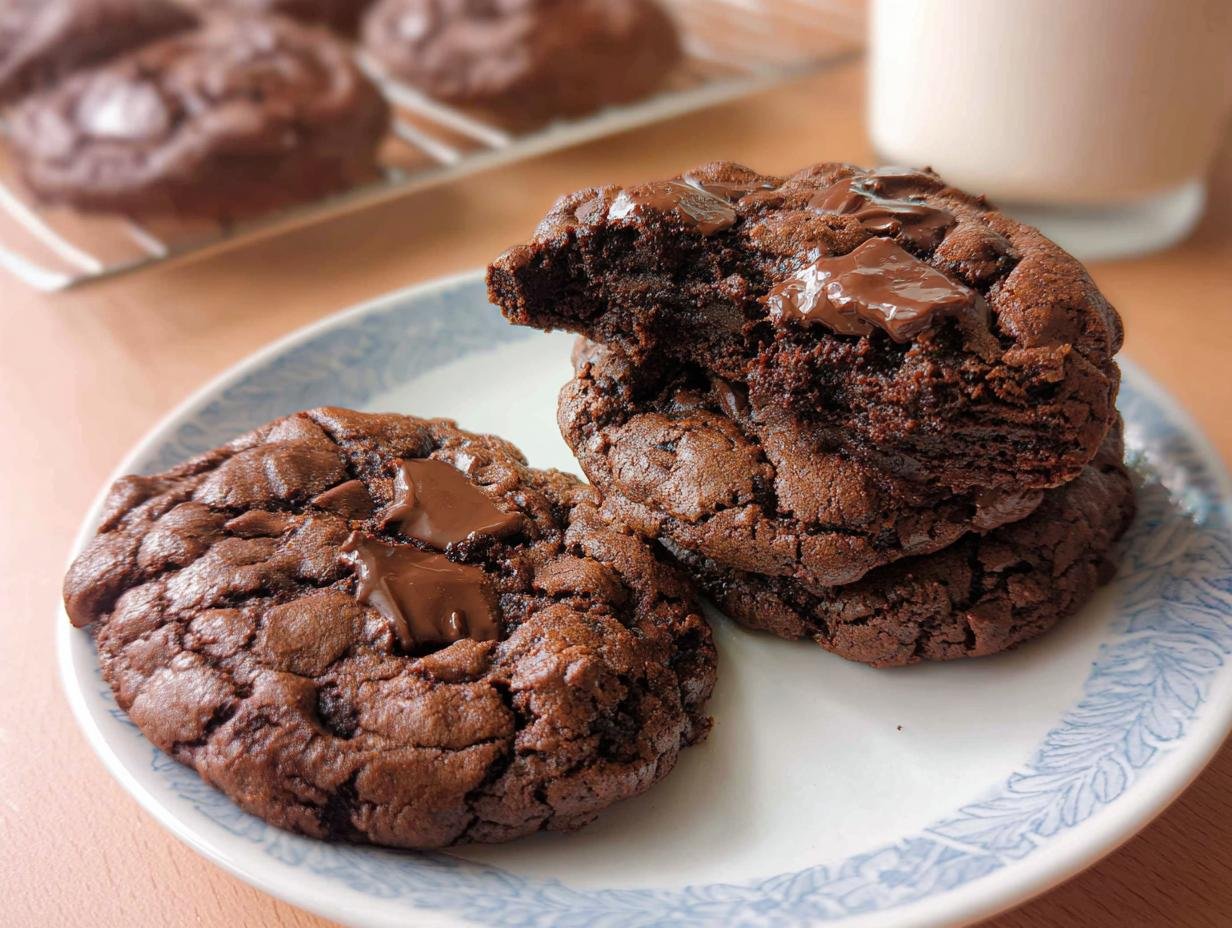 A stack of rich, dark Soft and Chewy Double Chocolate Chip Cookies with melted chocolate chunks on a plate.