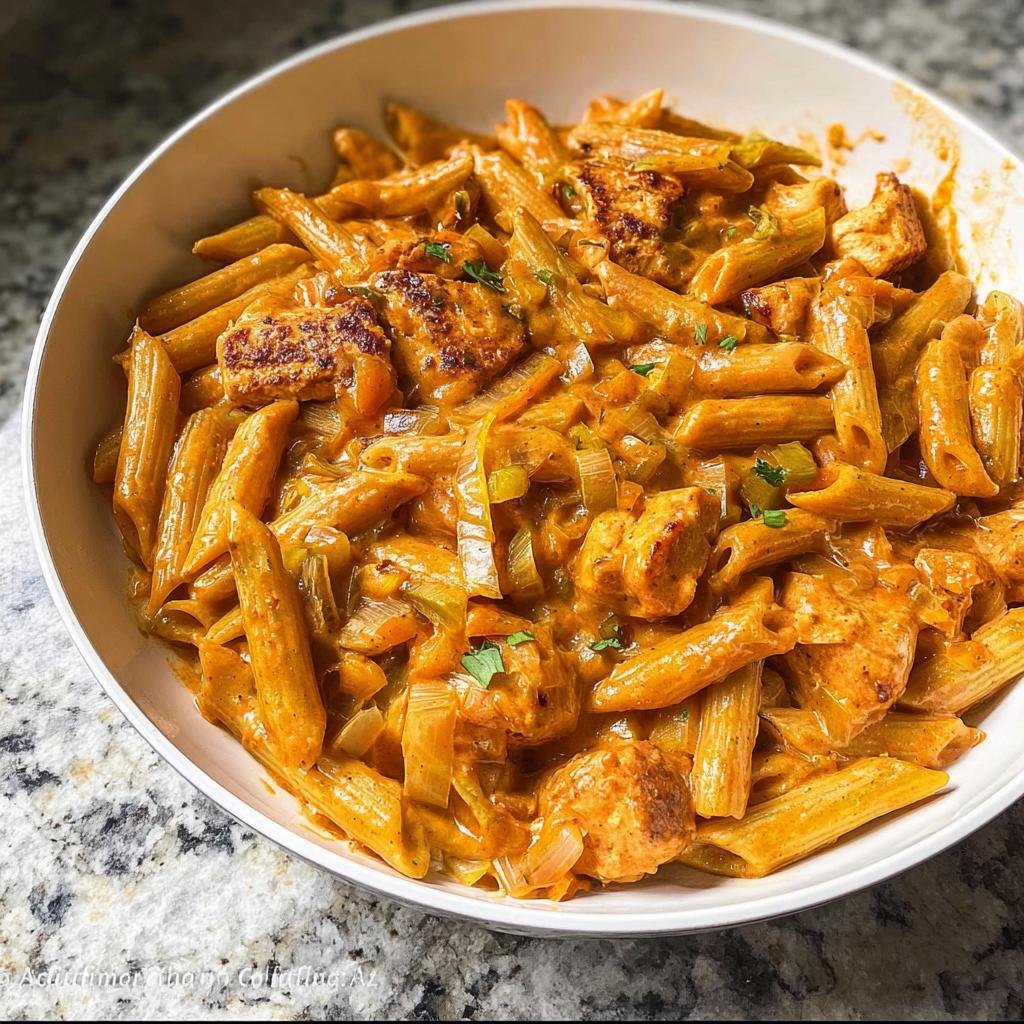A white bowl filled with creamy, orange-hued Spicy Cajun Sausage Pasta One Pan featuring penne pasta and chunks of sausage.