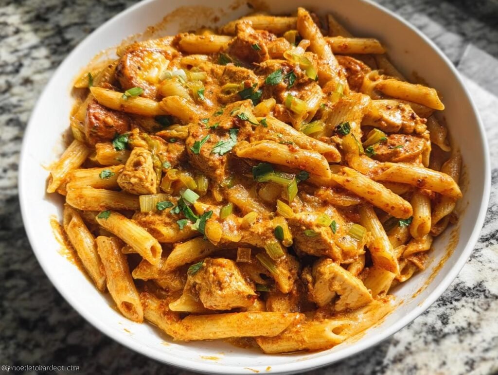 Close-up of a white bowl filled with Spicy Cajun Sausage Pasta One Pan, featuring penne pasta, chicken, sausage, and a creamy orange sauce.