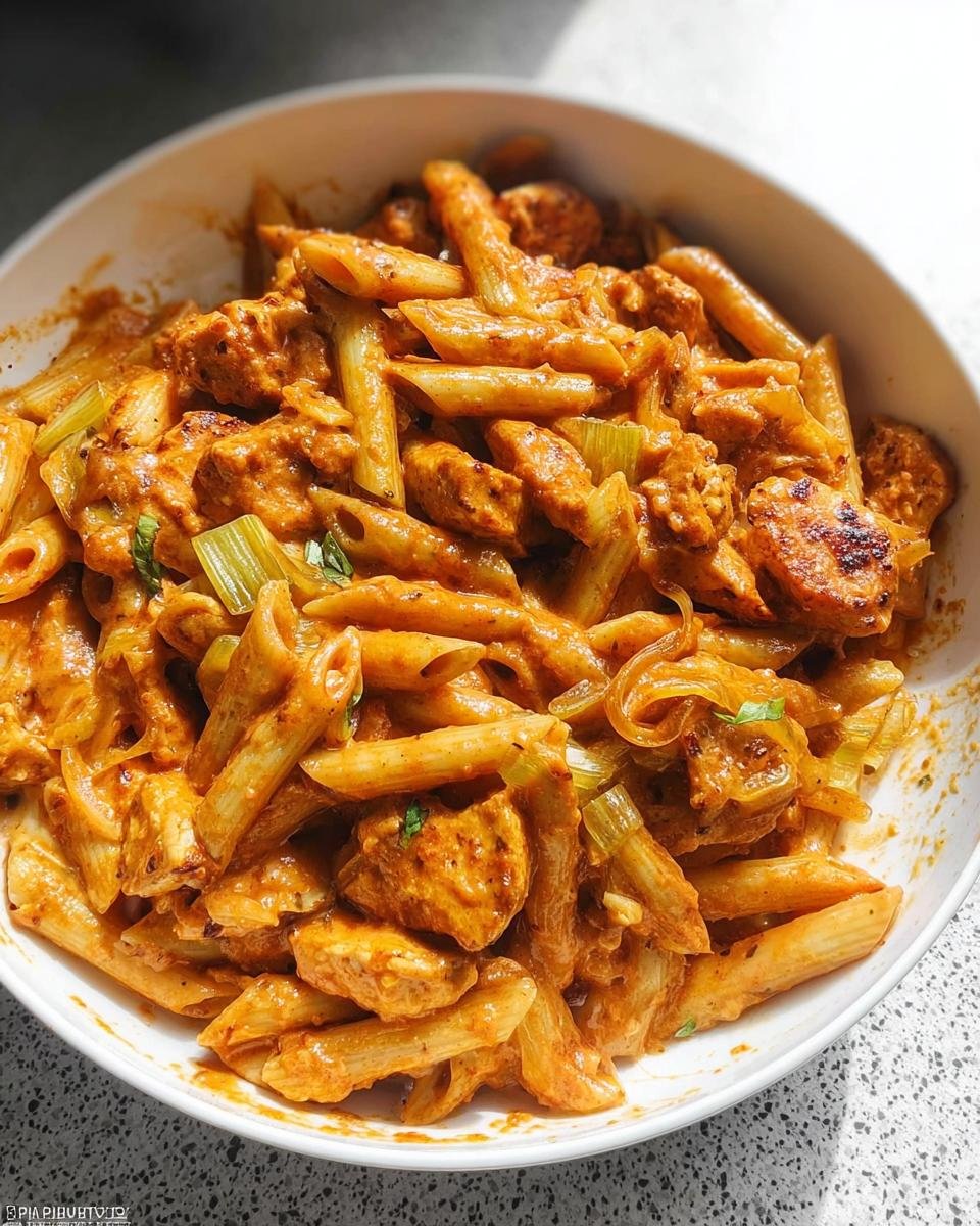 A close-up bowl of creamy, orange-hued Spicy Cajun Sausage Pasta One Pan with penne pasta and chunks of sausage.