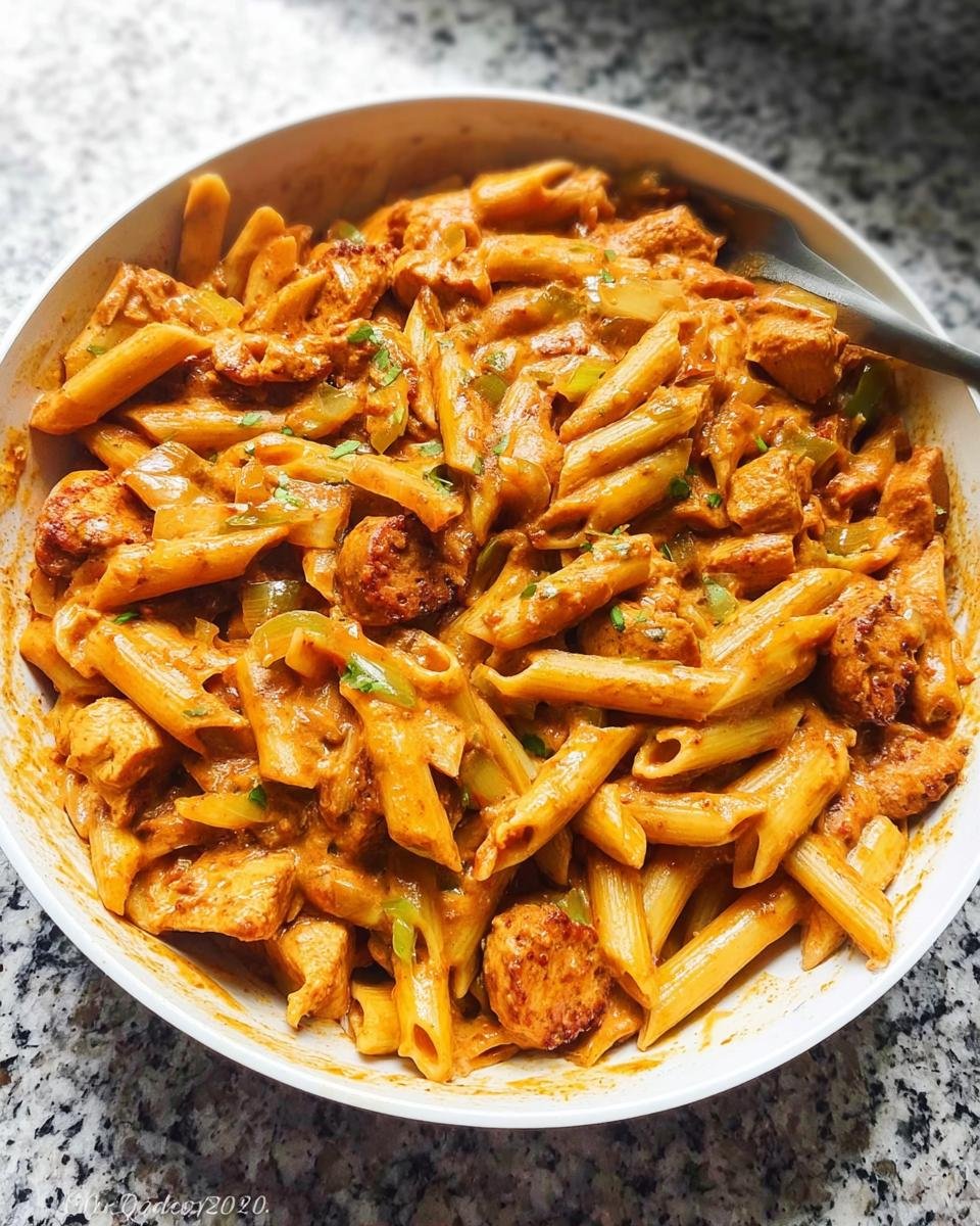 Close-up of a white bowl filled with Spicy Cajun Sausage Pasta One Pan, featuring penne pasta, sausage, and creamy sauce.