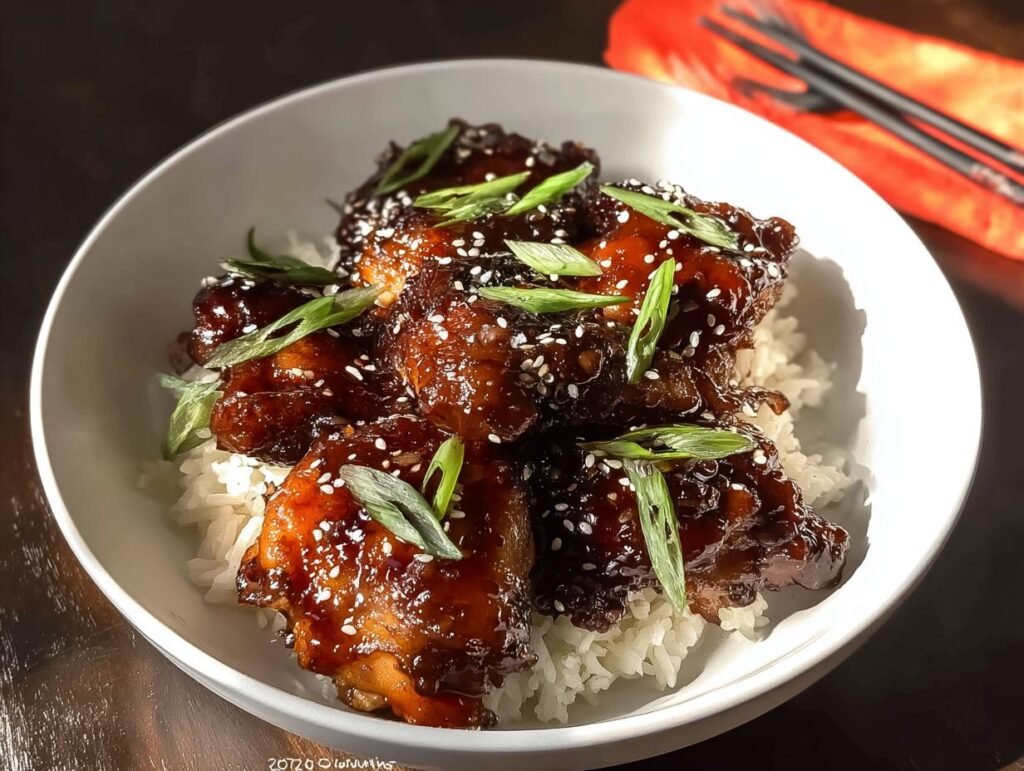 A white bowl filled with Sticky Soy Ginger Chicken Thighs glazed in a dark sauce, served over white rice and topped with sesame seeds and scallions.