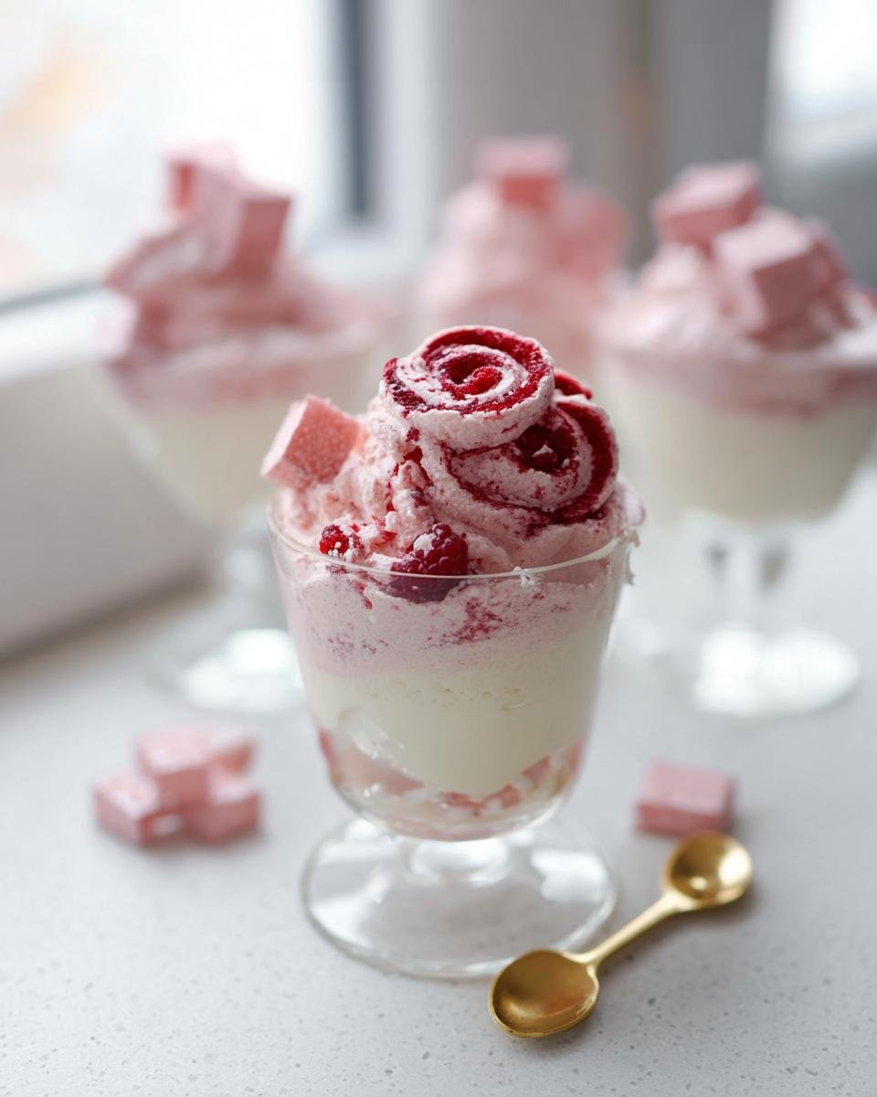 A close-up of a Stunning Desserts Champagne Raspberry Mousse in a glass, topped with a raspberry swirl and pink cubes.