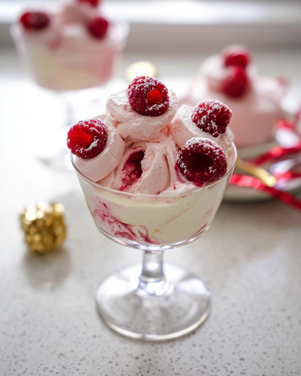 A close-up of a Stunning Desserts Champagne Raspberry Mousse, topped with fresh raspberries and powdered sugar.