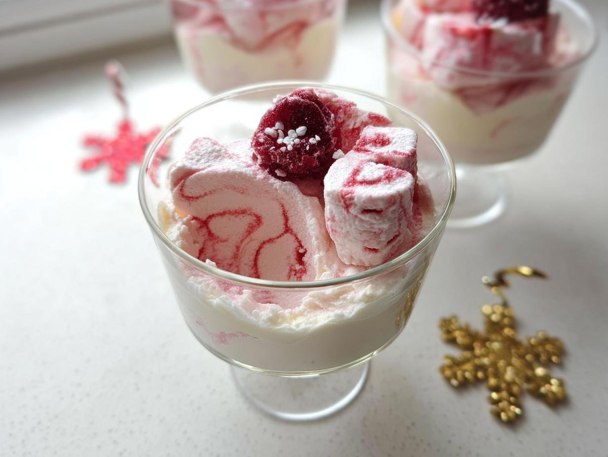 A close-up of a Stunning Desserts Champagne Raspberry Mousse in a glass, topped with raspberries and marshmallows.