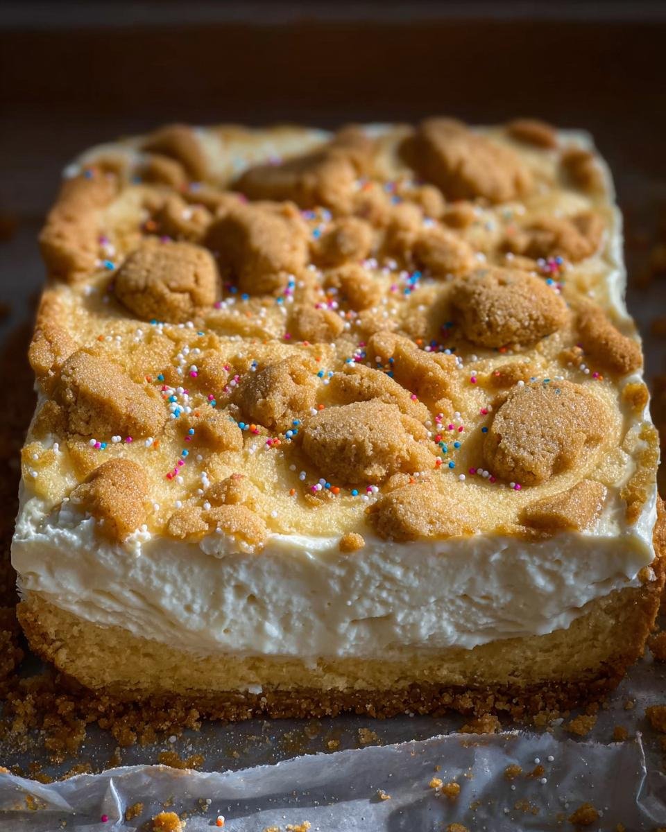A close-up of a slice of Sugar Cookie Cheesecake, topped with cookie crumbles and colorful sprinkles.