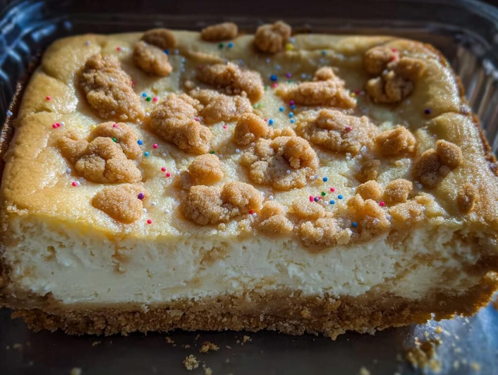A slice of Sugar Cookie Cheesecake with a crumb topping and colorful sprinkles.