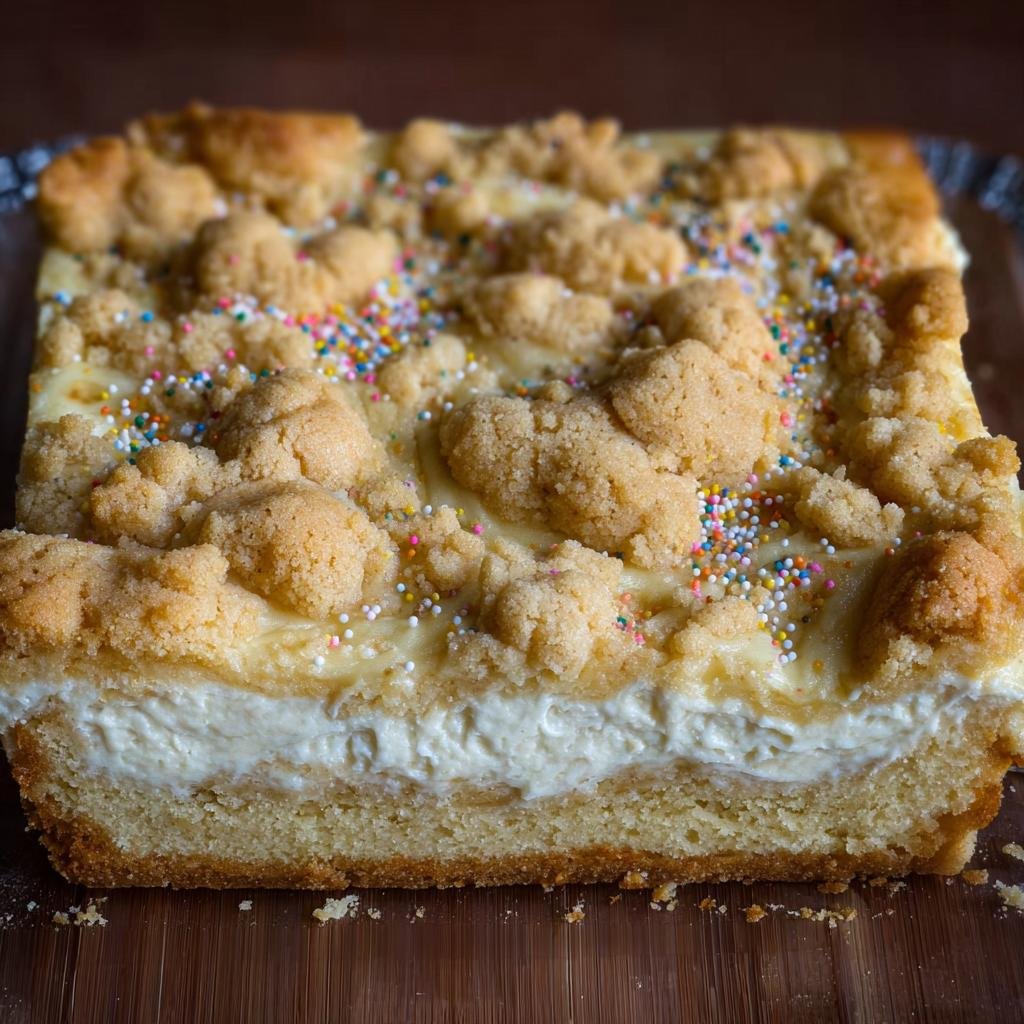 A slice of Sugar Cookie Cheesecake with a creamy filling, crumb topping, and colorful sprinkles.