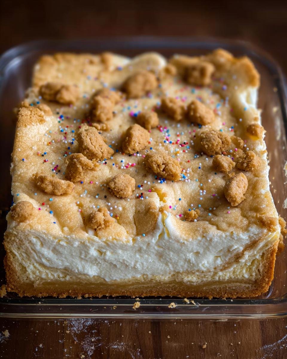 A slice of creamy Sugar Cookie Cheesecake topped with cookie crumbles and colorful sprinkles in a glass baking dish.