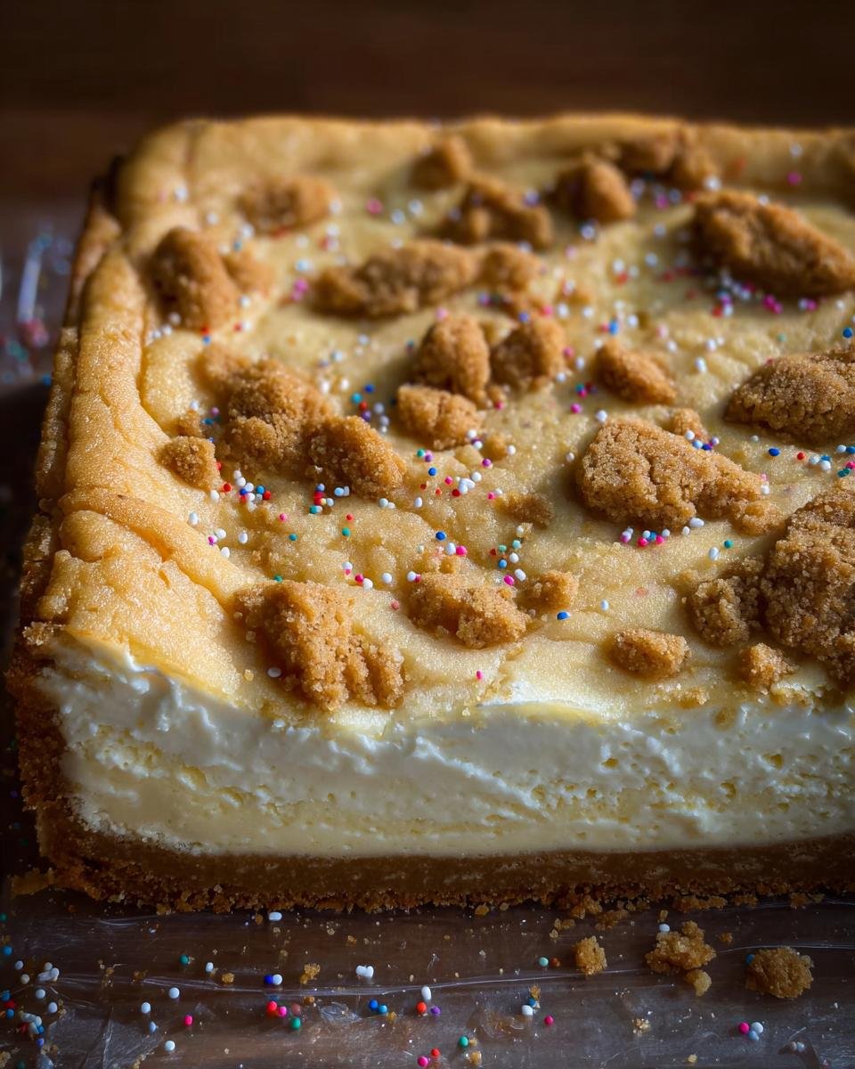 A close-up of a rich Sugar Cookie Cheesecake with a thick cream cheese filling and a cookie crumb topping with colorful sprinkles.