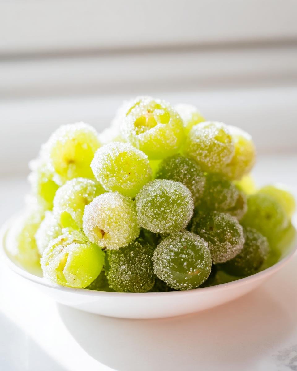 Close-up of a bowl filled with glistening sugared champagne grapes, ready to be enjoyed.