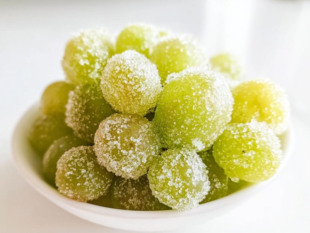 A close-up shot of a white bowl filled with glistening sugared champagne grapes, coated in sparkling sugar crystals.