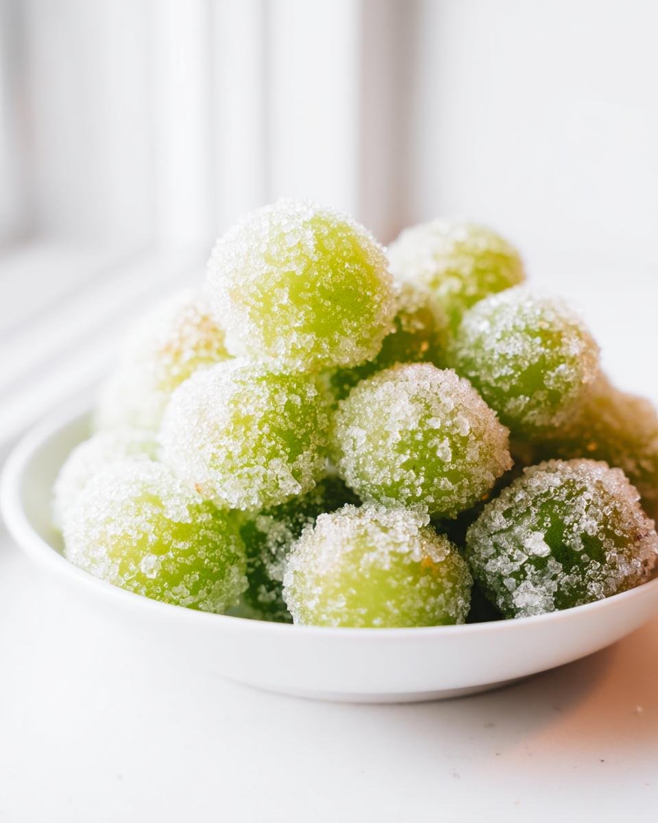 A bowl of glistening sugared champagne grapes, coated in sparkling sugar crystals.