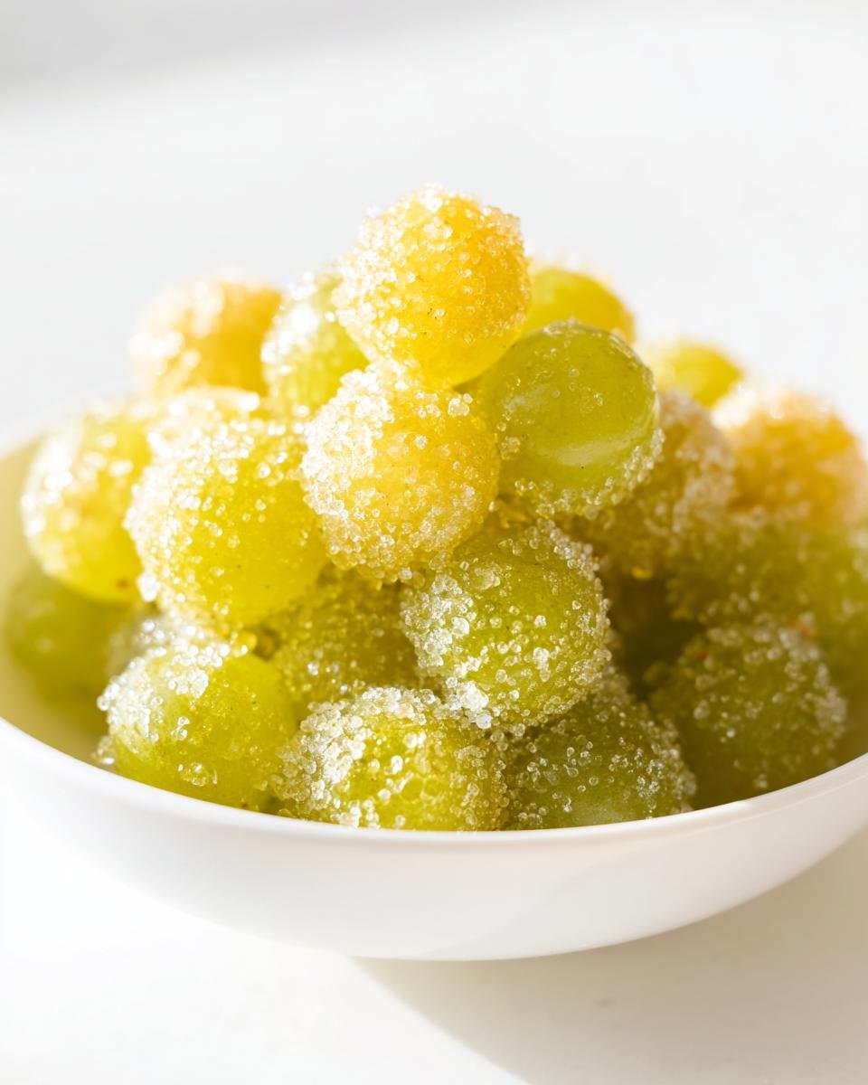 A close-up of a white bowl filled with glistening sugared champagne grapes, ready to be enjoyed.