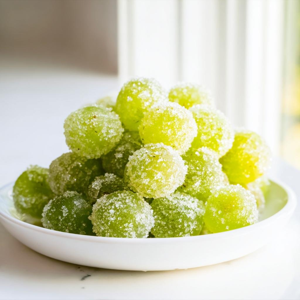 A pile of glistening sugared champagne grapes in a white bowl, ready to be served.