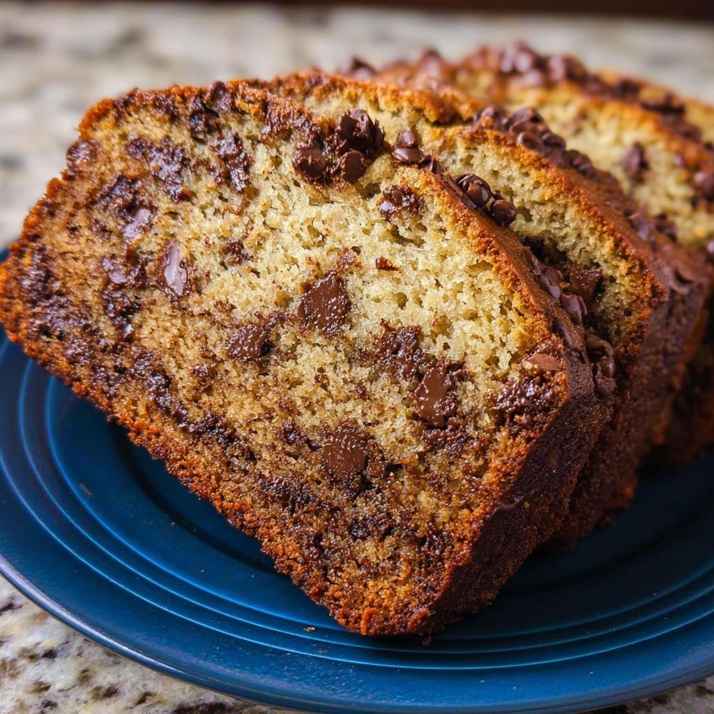 Close-up of moist chocolate chip banana bread slices on a blue plate.
