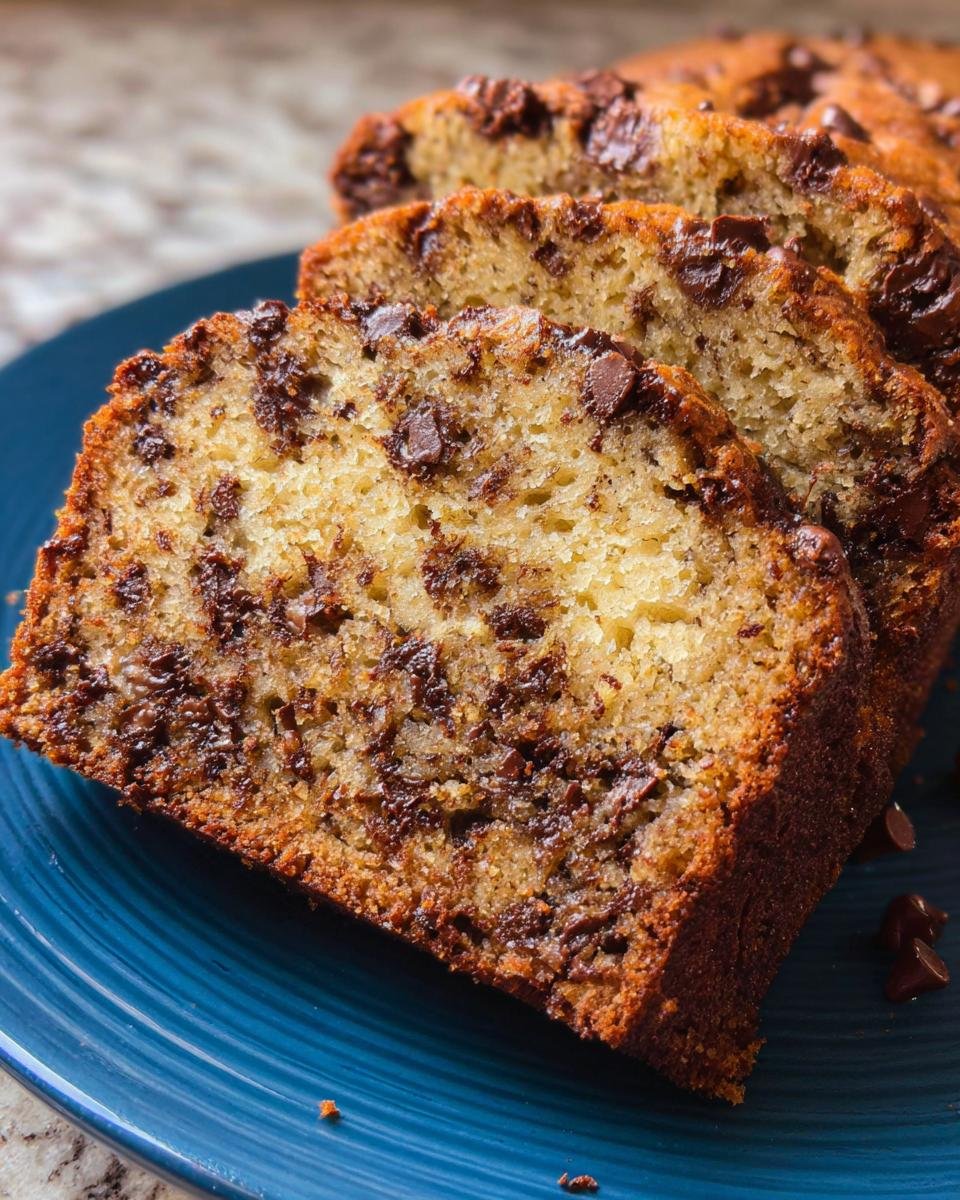 Close-up of moist chocolate chip banana bread slices on a blue plate.