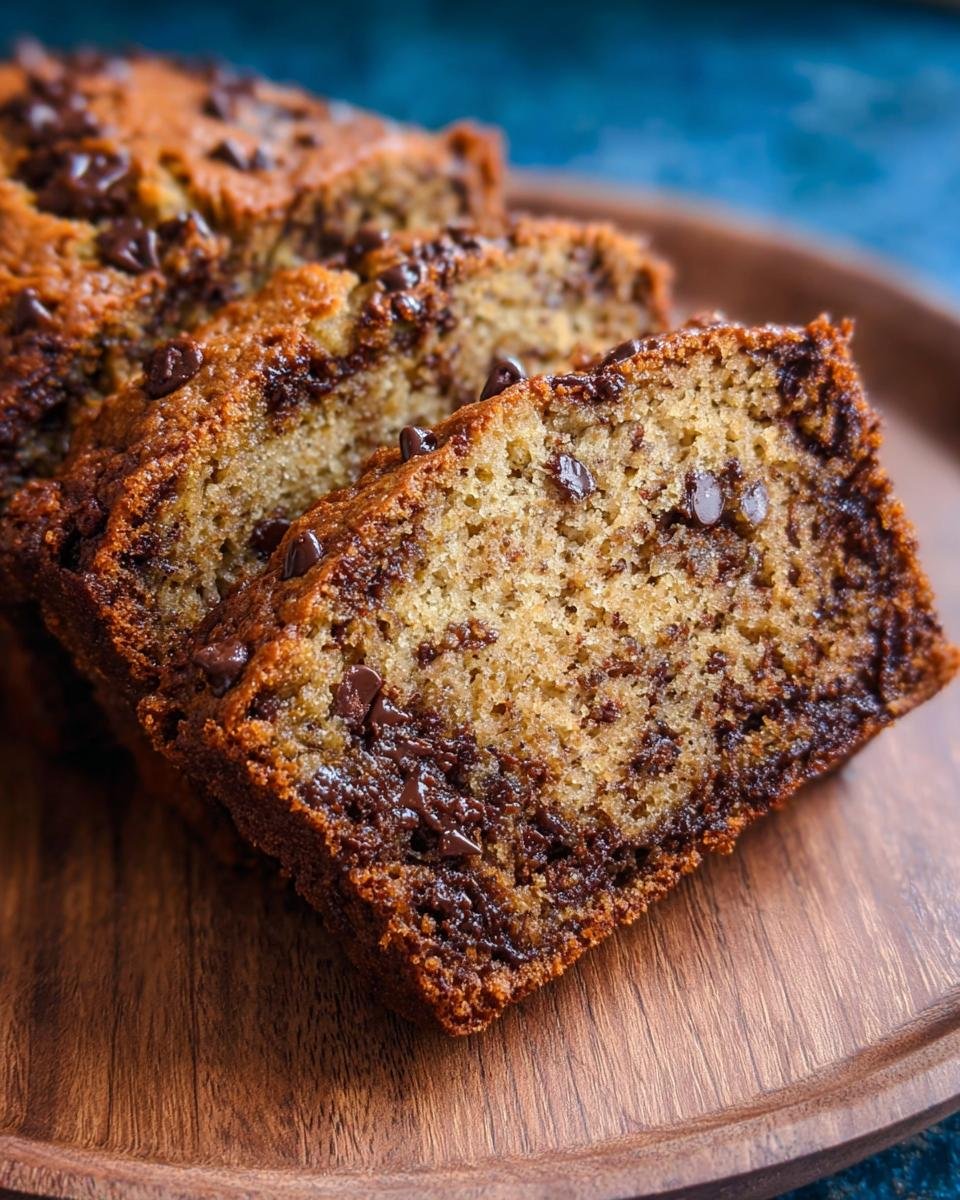 Close-up of sliced Super Moist Chocolate Chip Banana Bread on a wooden plate, showing rich chocolate chips throughout.