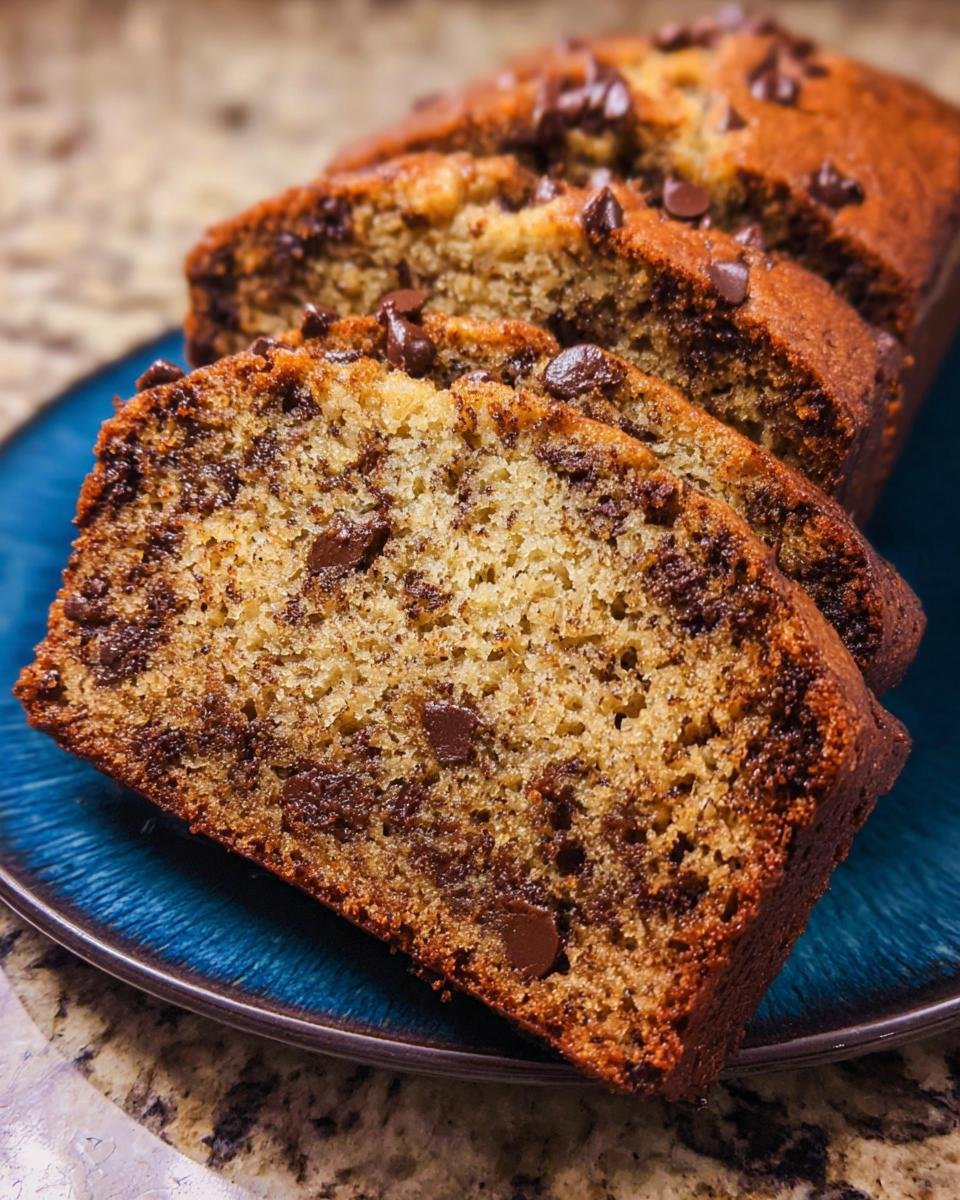 Close-up of sliced Super Moist Chocolate Chip Banana Bread on a blue plate, showing rich chocolate chips throughout.