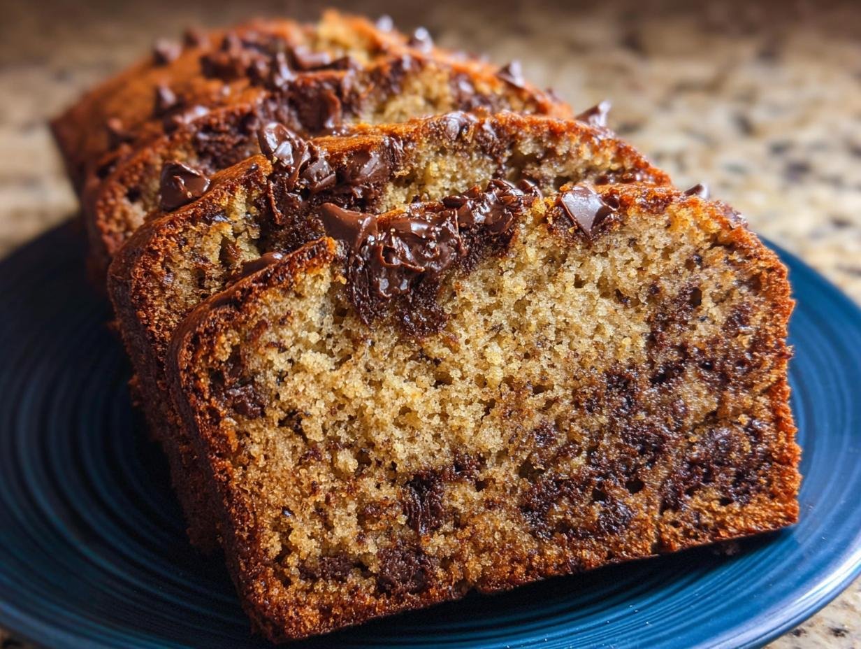 Close-up of sliced Super Moist Chocolate Chip Banana Bread, showing moist texture and melted chocolate chips.