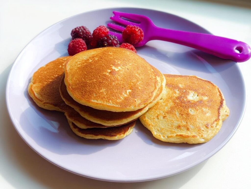 A stack of golden Three Ingredient Banana Pancakes served on a light purple plate with fresh raspberries and a purple fork.