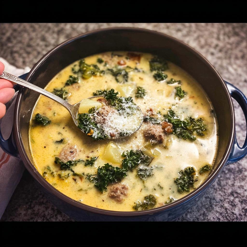 A spoonful of creamy Tuscan Sausage and Kale Soup topped with grated Parmesan cheese being lifted from a blue bowl.