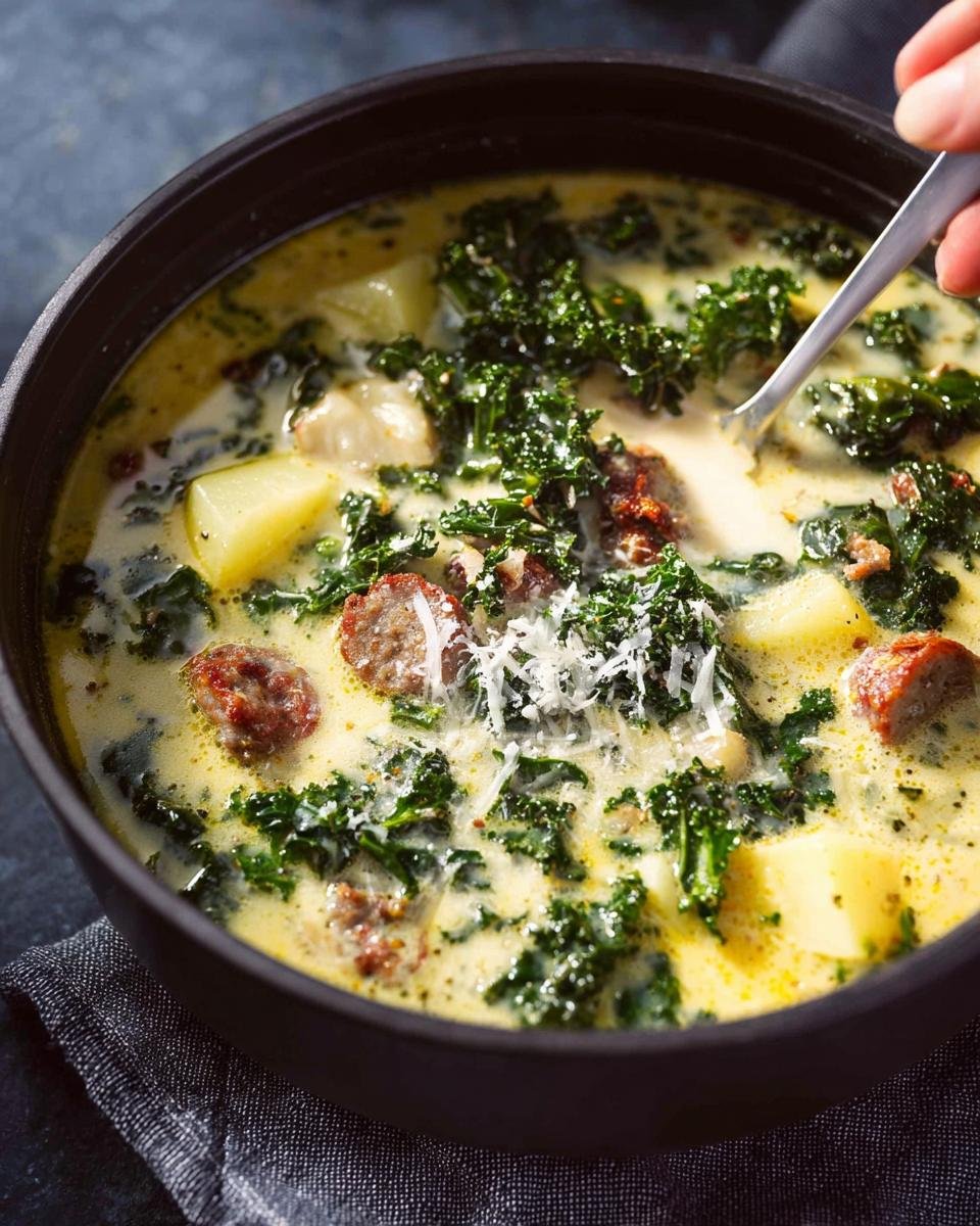 Close-up of a hearty bowl of Tuscan Sausage and Kale Soup Zuppa, topped with Parmesan cheese.
