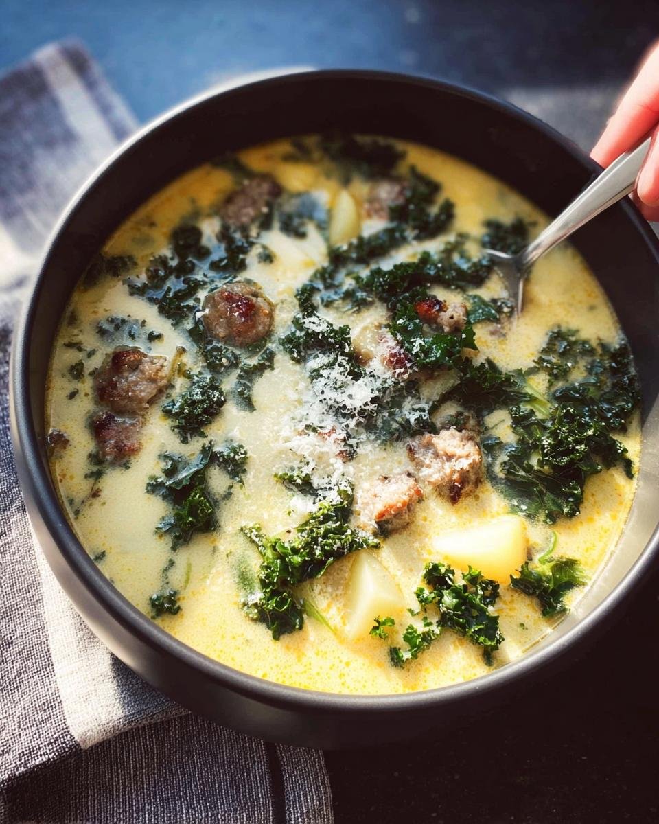 Close-up of creamy Tuscan Sausage and Kale Soup Zuppa Inspired, topped with Parmesan.