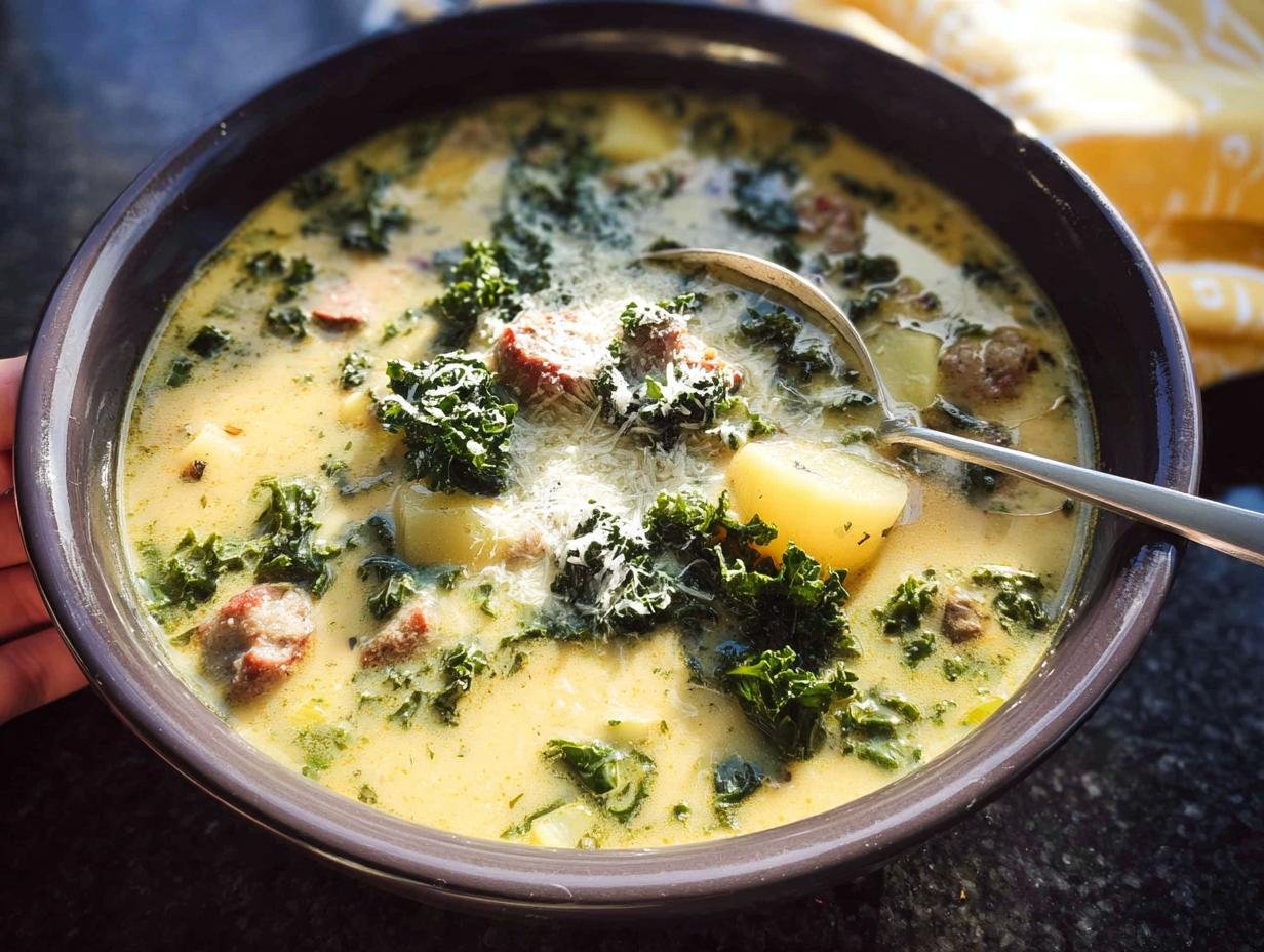 A close-up of creamy Tuscan Sausage and Kale Soup Zuppa Inspired, topped with Parmesan.