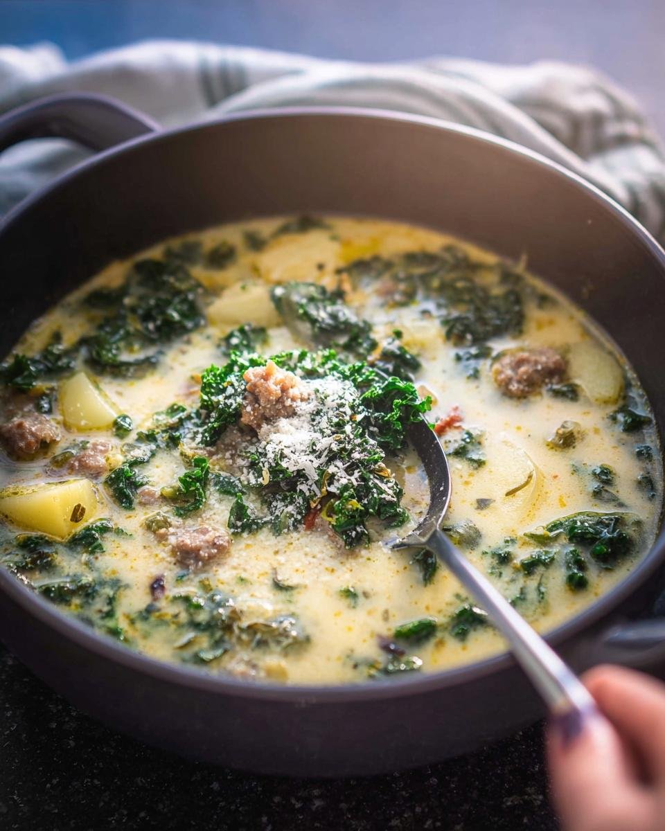 A ladle scooping creamy Tuscan Sausage and Kale Soup Zuppa Inspired, topped with Parmesan.