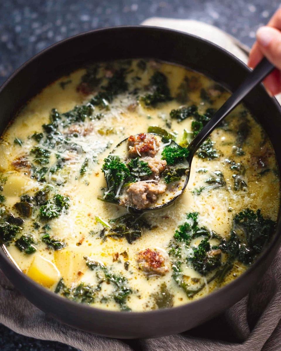 A spoonful of creamy Tuscan Sausage and Kale Soup Zuppa Inspired being lifted from a dark bowl.