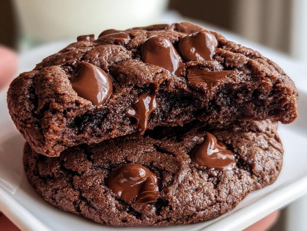 Close-up of two rich, dark chocolate cookies stacked, showing the gooey melted chocolate chips in our Two Chip Chocolate Chip Cookies Gooey.