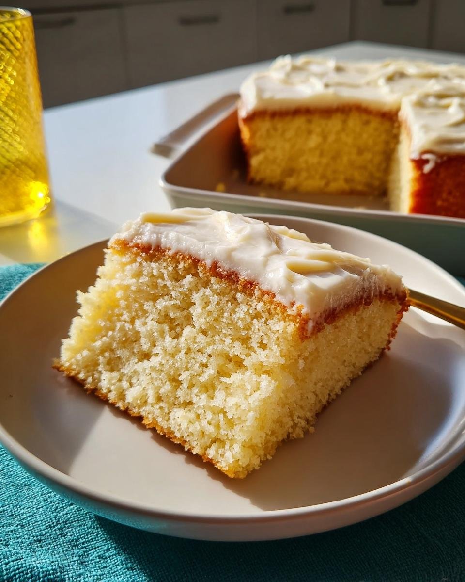 A slice of moist vanilla cake with creamy white frosting, part of the best cake recipes.
