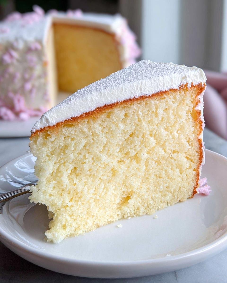 A slice of moist vanilla sponge cake with white frosting and pink decorations, showcasing delicious cake ideas.
