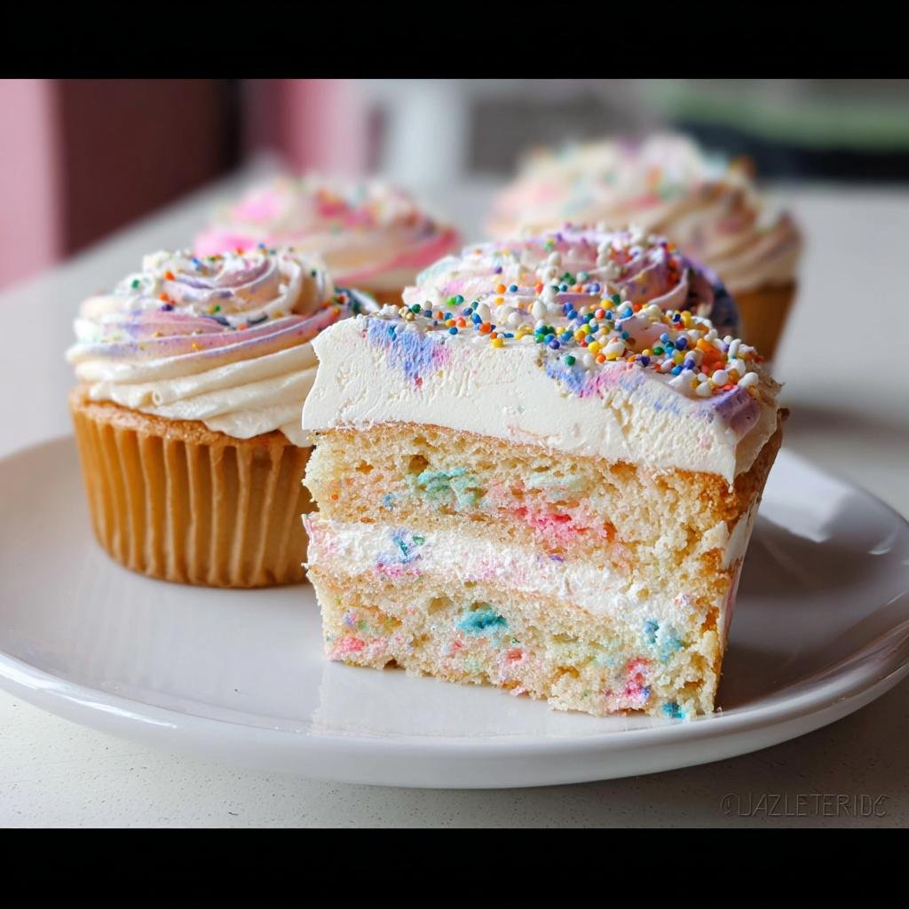A slice of a whimsical birthday cake with colorful confetti cake layers and white frosting topped with rainbow sprinkles.