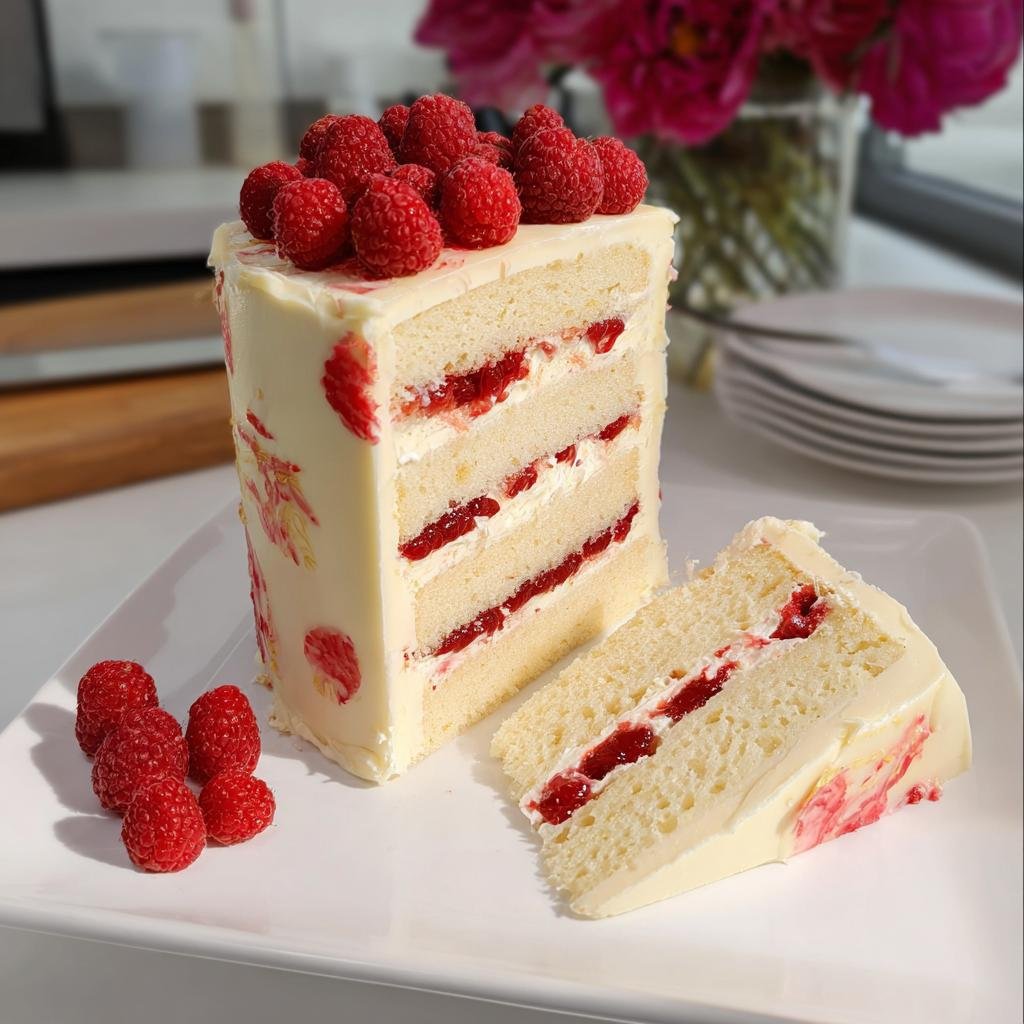 A tall slice of White Chocolate Raspberry Dream Cake, revealing layers of white cake, raspberry filling, and white frosting, topped with fresh raspberries.