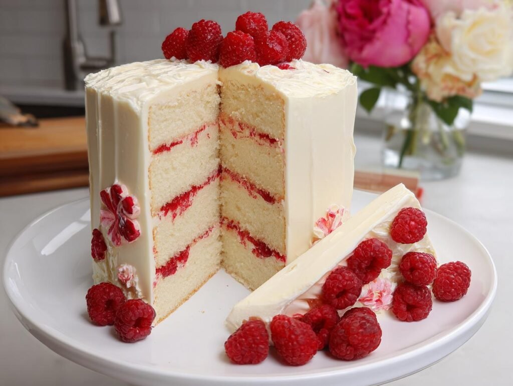 A slice of White Chocolate Raspberry Dream Cake with layers of white cake, raspberry filling, and white chocolate frosting, garnished with fresh raspberries.
