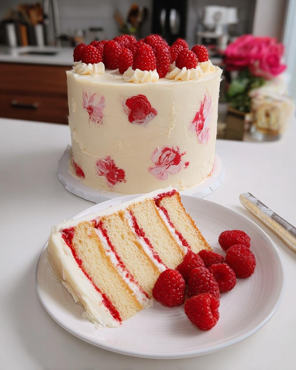 A slice of White Chocolate Raspberry Dream Cake with layers of cake, cream, and raspberry filling, topped with fresh raspberries.
