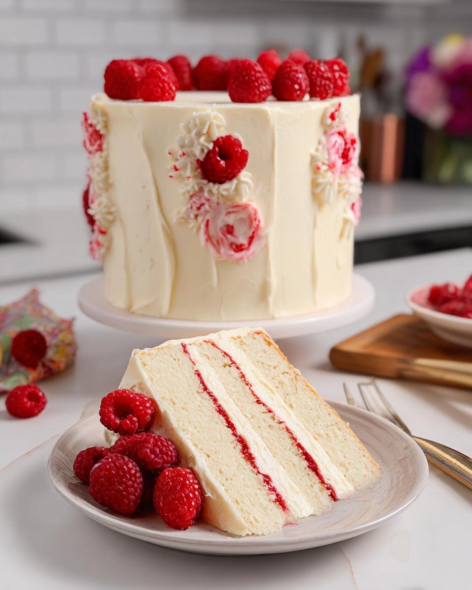 A slice of White Chocolate Raspberry Dream Cake with layers of white cake, white frosting, and raspberry filling, topped with fresh raspberries.