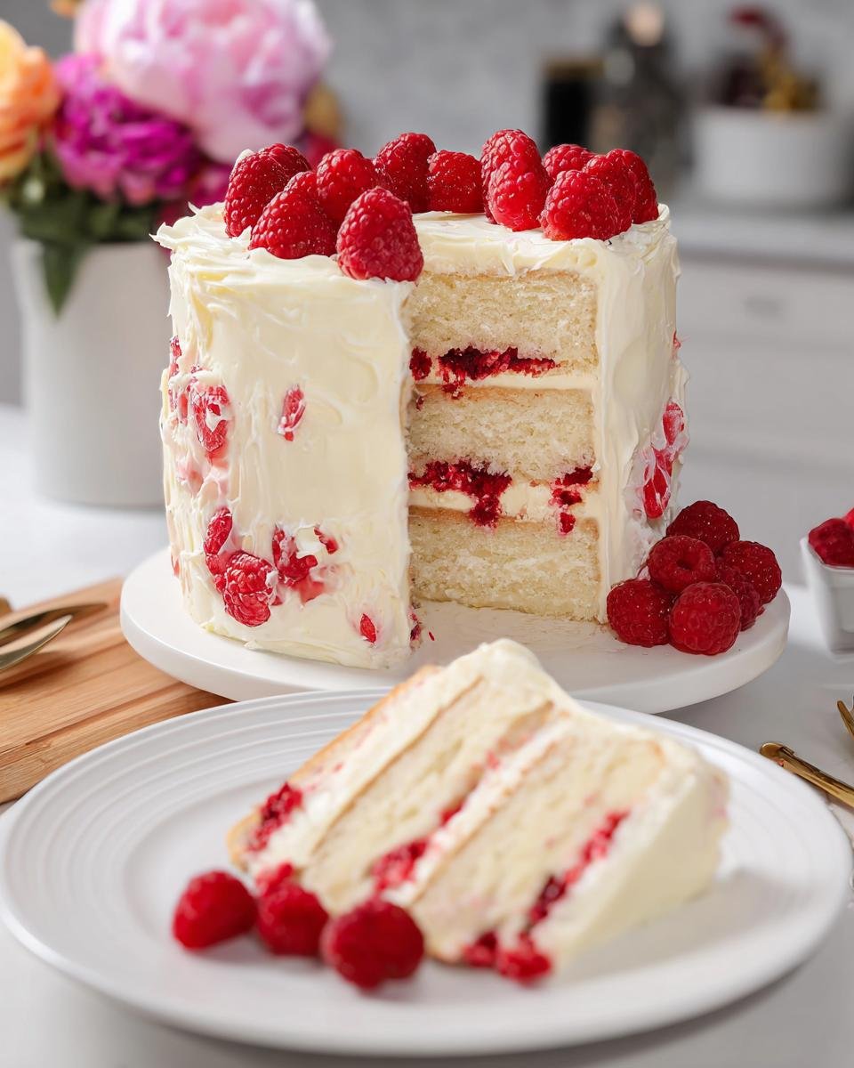 A slice of White Chocolate Raspberry Dream Cake with layers of cake, white frosting, and raspberry filling, topped with fresh raspberries.