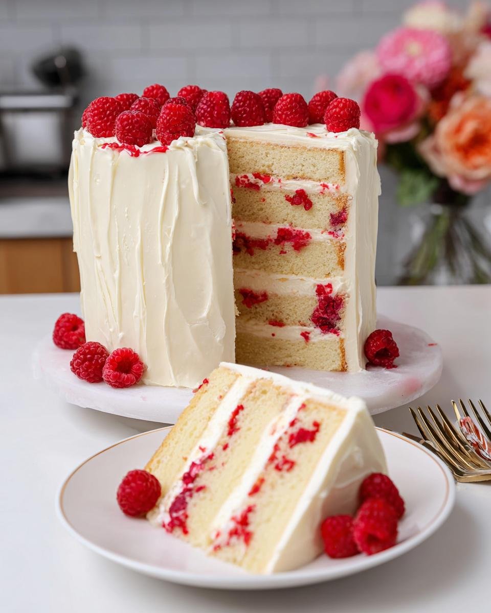 A slice of White Chocolate Raspberry Dream Cake, showing layers of cake, white frosting, and raspberries.