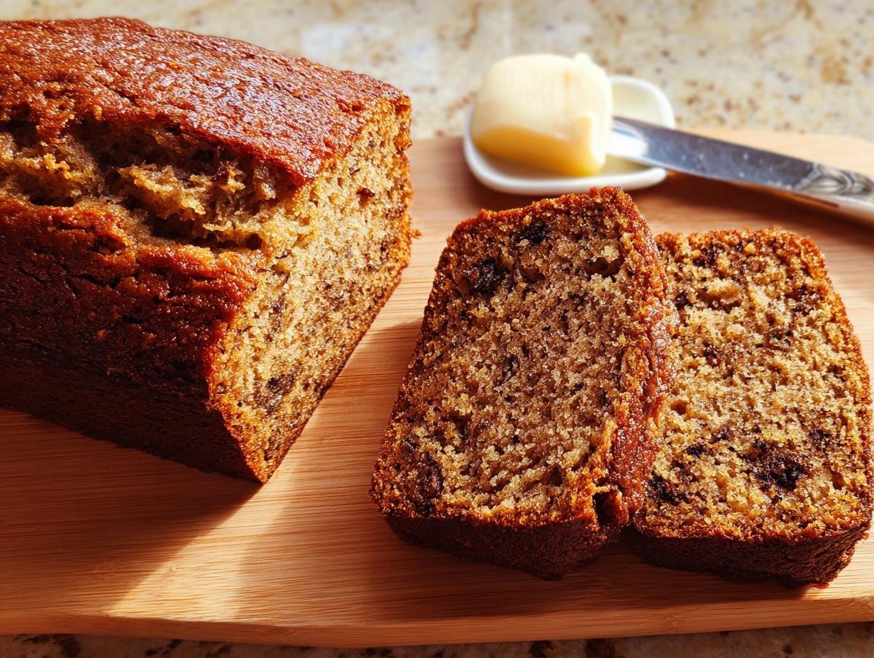 A close-up of The World's Best Banana Bread Recipe, with two slices cut and a pat of butter on the side.