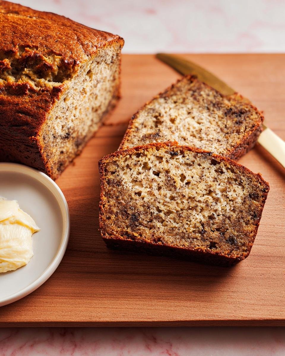A close-up of The World's Best Banana Bread Recipe, showing a sliced loaf with butter on the side.