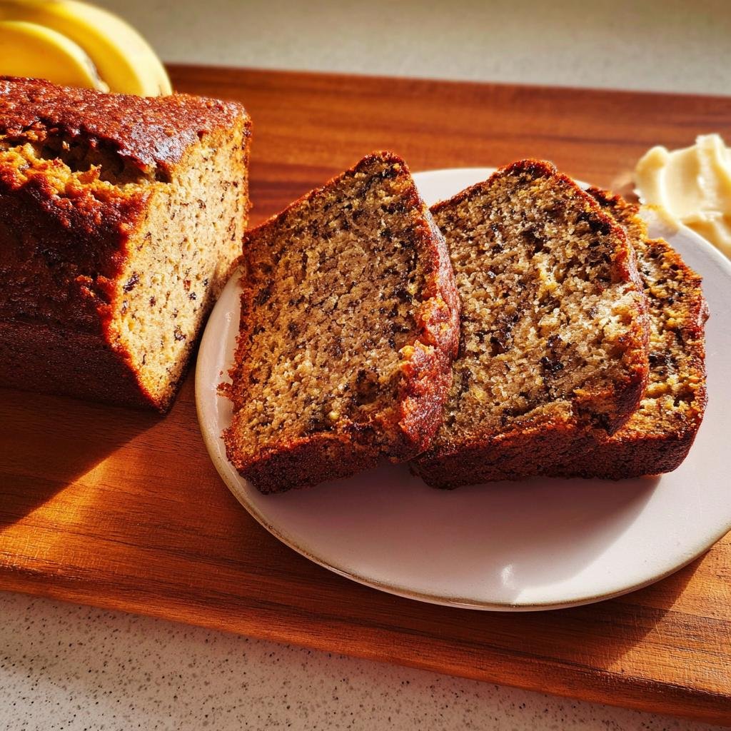Three slices of The World's Best Banana Bread Recipe on a plate, with the loaf and bananas in the background.