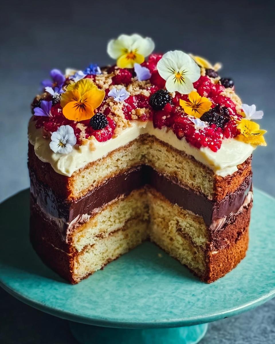A stunning layered cake decorated with fresh berries, edible flowers, and crumble topping, perfect for wowing guests.