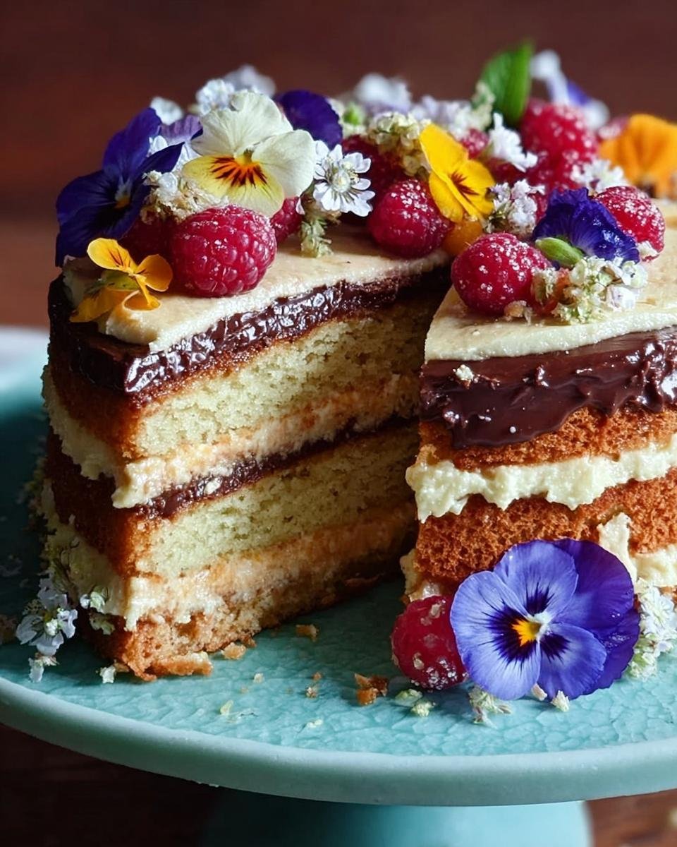 A stunning layered cake decorated with fresh raspberries and edible flowers, perfect for wowing guests.