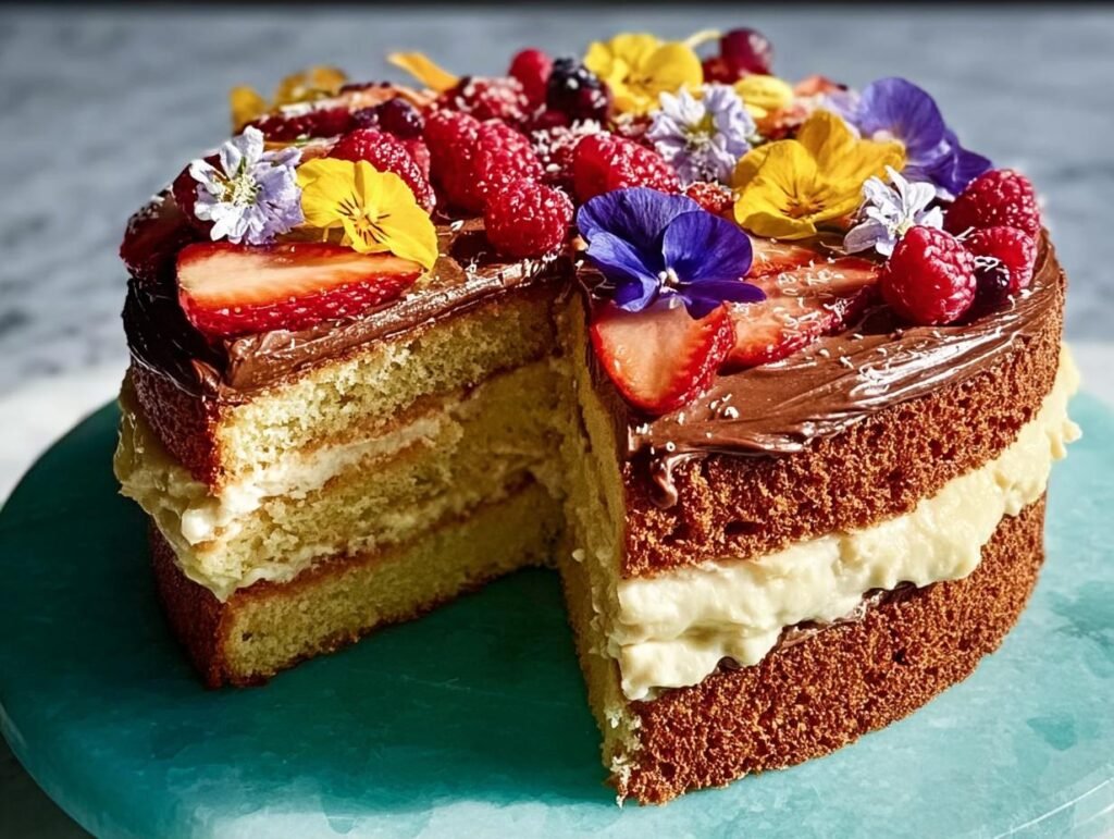 A stunning layered cake decorated with fresh berries, strawberries, and edible flowers, perfect for wowing guests.