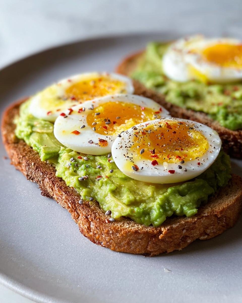 Close-up of avocado toast topped with sliced hard-boiled eggs, chia seeds, and red pepper flakes. A quick and healthy breakfast toast idea.